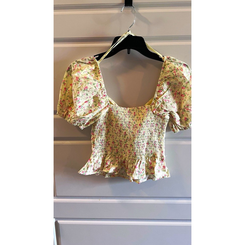 Cotton On Women's Yellow Floral Square Neck Puff Sleeve Smocked Blouse XS